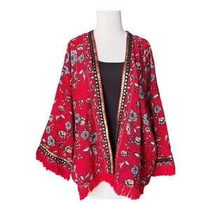 COLLEEN LOPEZ Floral Print Open Jacket Size Large Red Sequin Kimono Crop Fringe